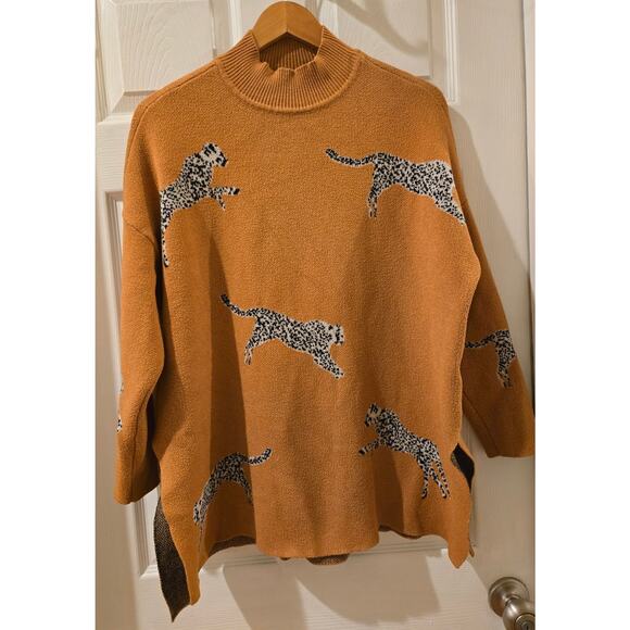 NOC Cheetah Brown Mock Neck Long Sleeve Pullover Sweater Medium 3/4 Sleeve - Picture 2 of 9